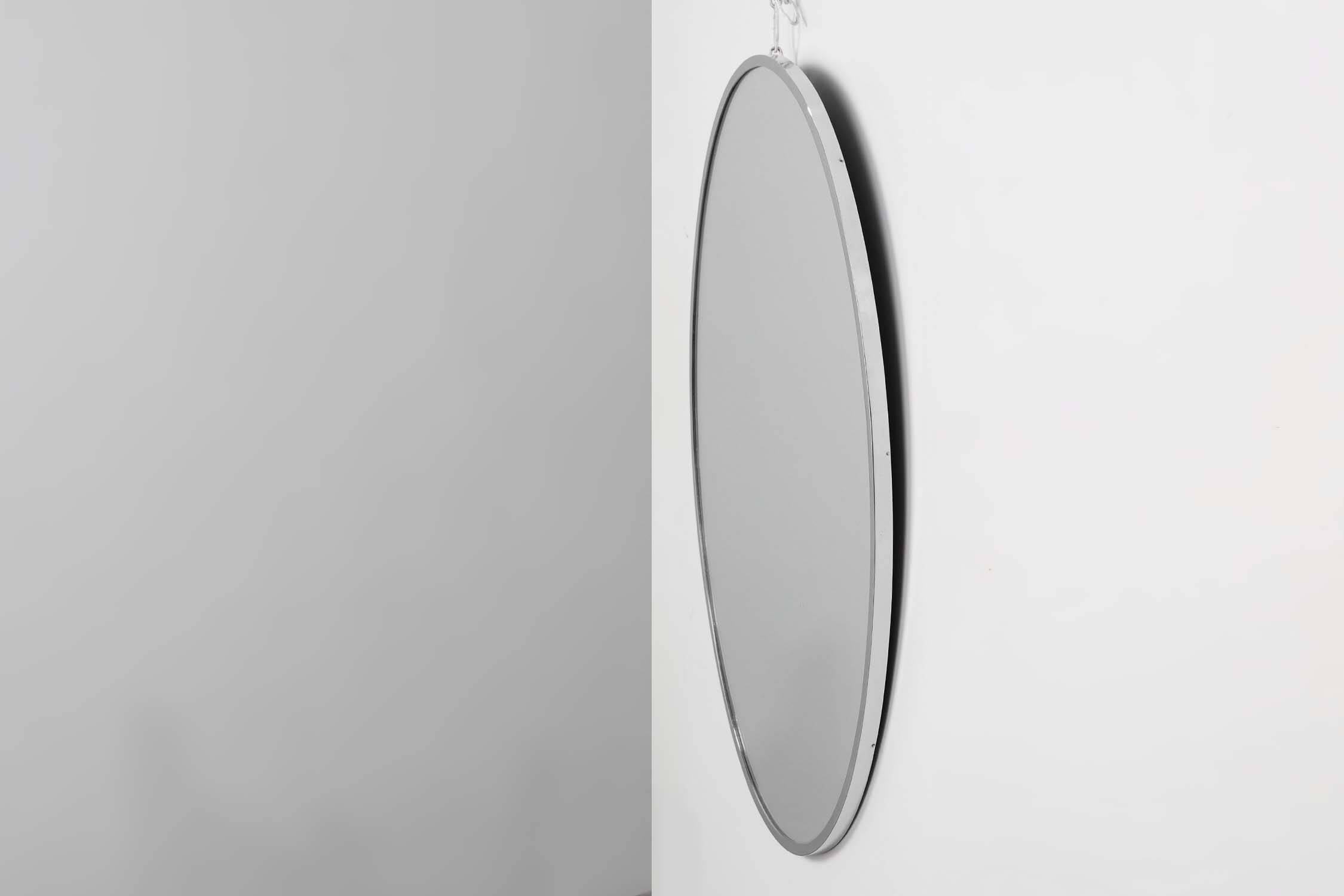Art Deco Oval Nickel‑Plated Metal Mirror, Belgium, ca. 1925
