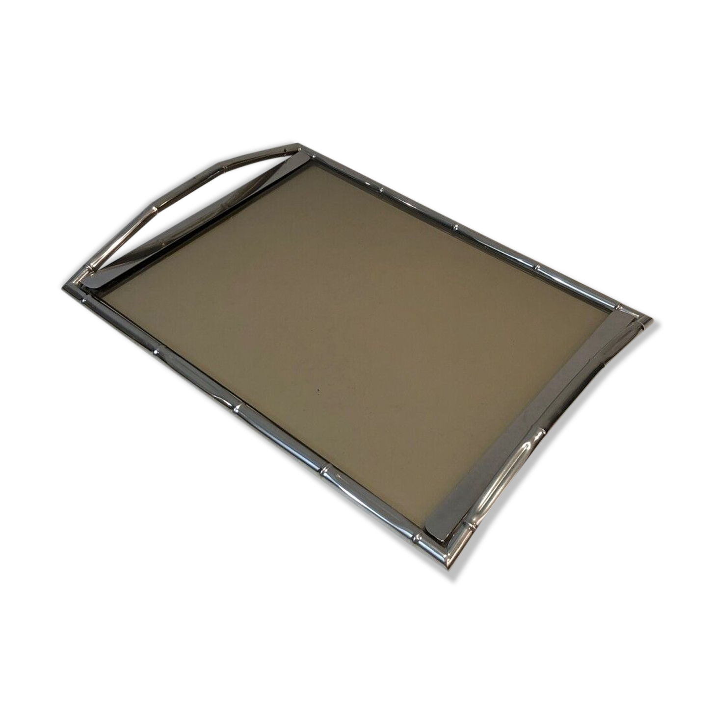 Chrome tray style faux-bamboo with smoked glass top