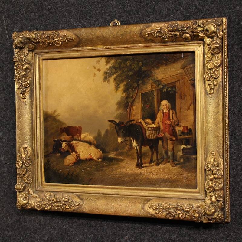Peinture anglaise antique d'une scène de genre rural datée de 1866