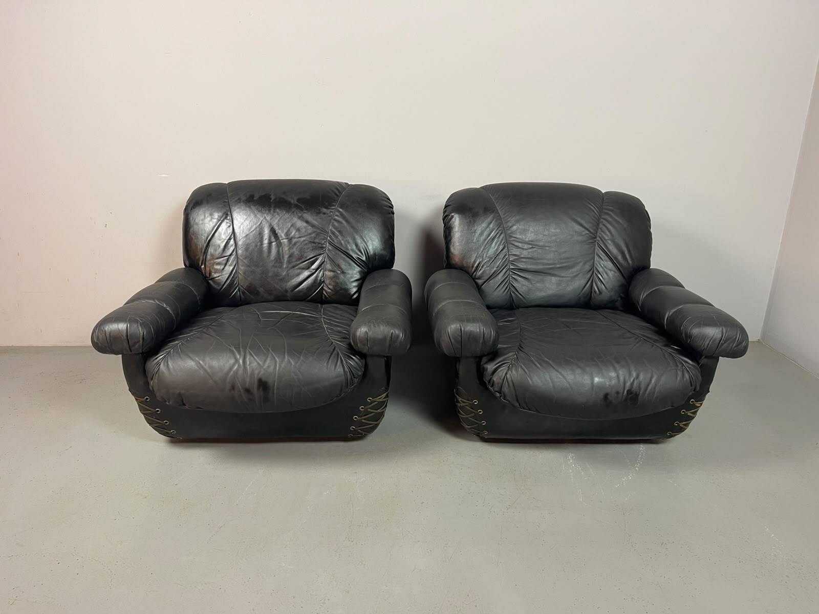 Large Set of Italian Space Age Black Leather Lounge Chairs with Brass