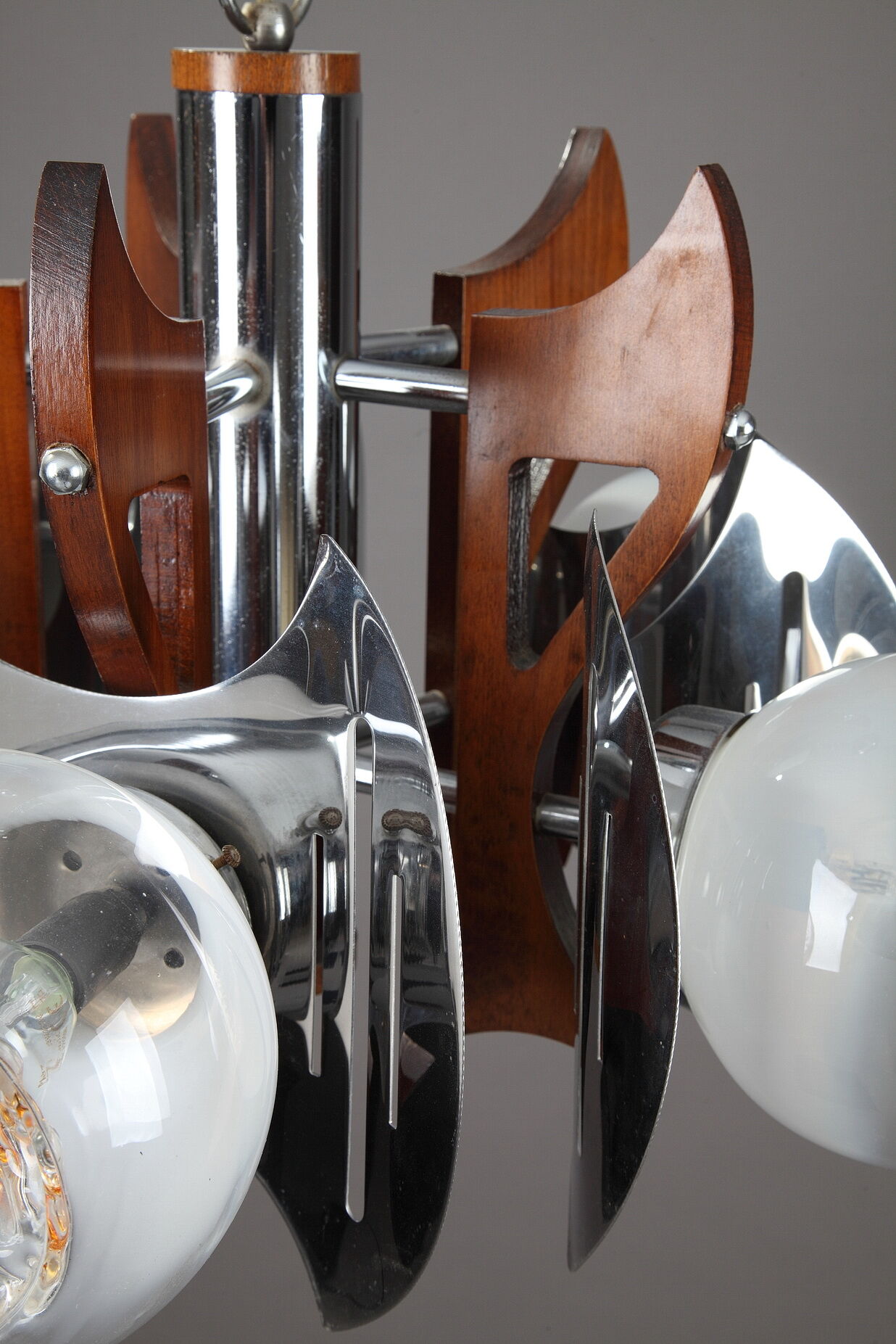 Mazzega chandelier in murano glass, chrome and wood, 1970's