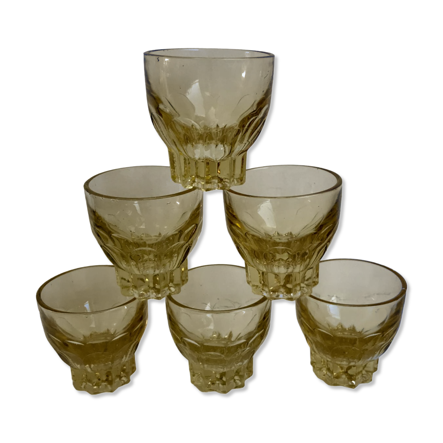 Set of 6 yellow glass shot glasses in 70s