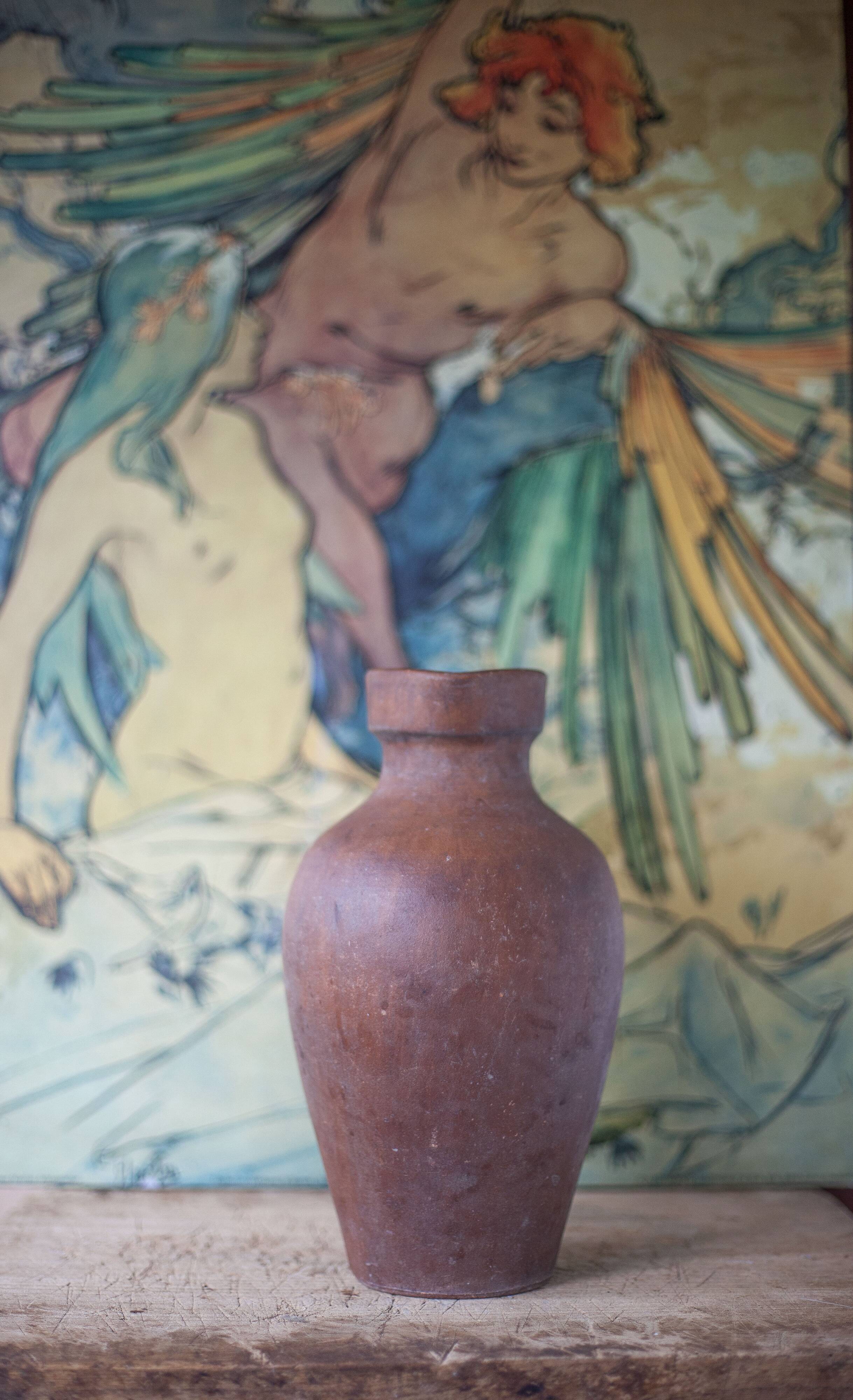 Terracotta jug with vintage handle, terracotta vase, interior decoration, primitive, pitcher