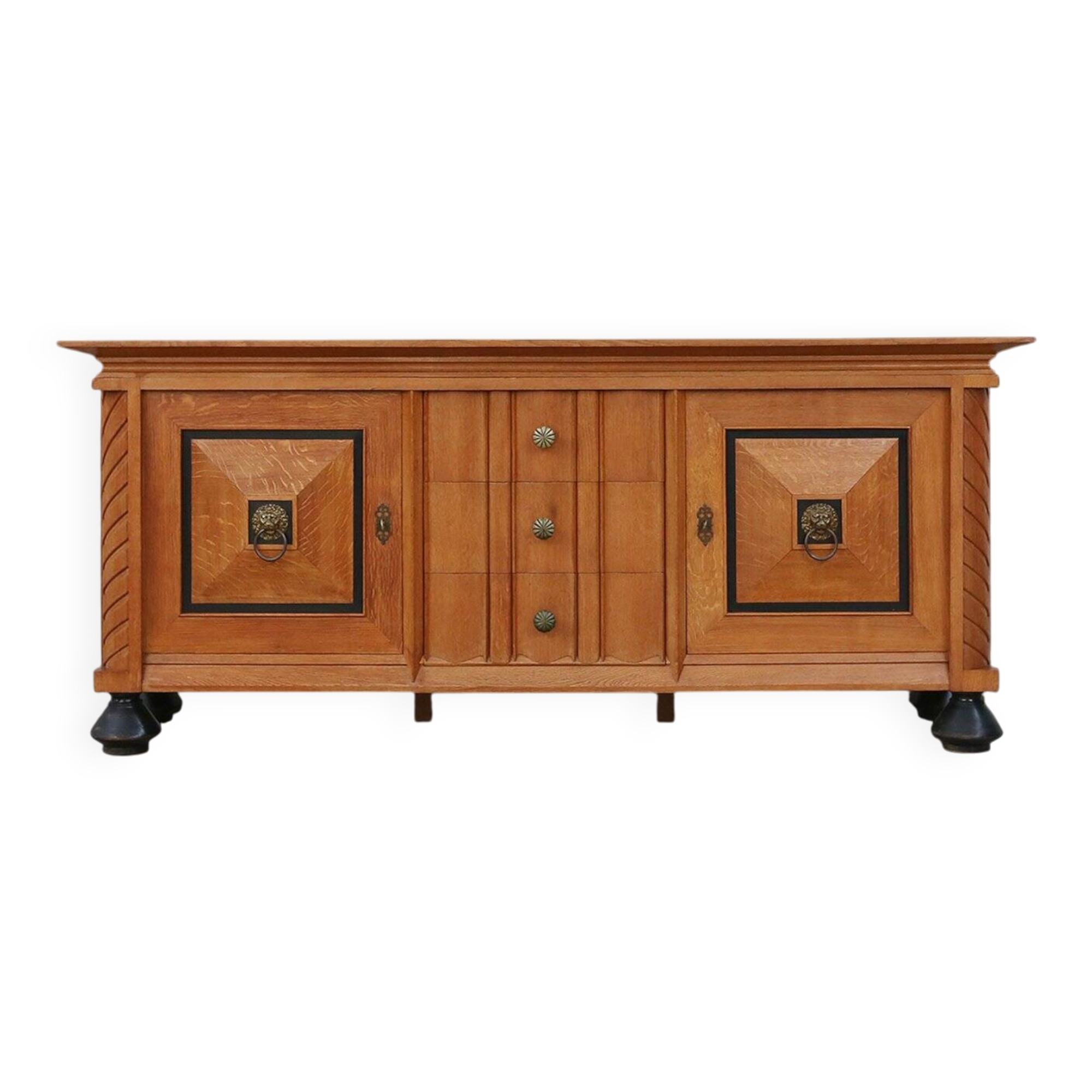 Art Deco brutalist Belgian Oak and Brass Sideboard, 1940s