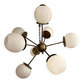 Italian Burnished Sputnik Chandelier in Milky-White Swirl Style Murano Glas