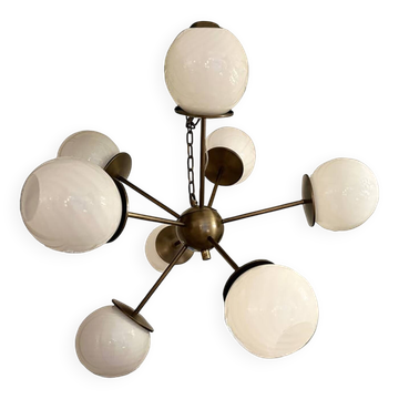 Italian Burnished Sputnik Chandelier in Milky-White Swirl Style Murano Glas