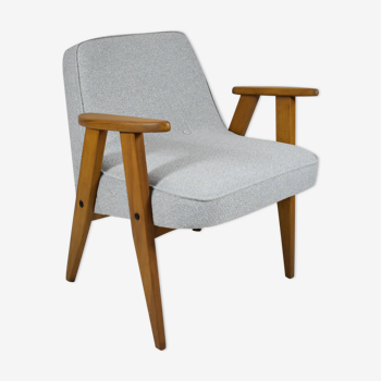 Vintage armchair model 366, 60s, blue fabric, teak wood