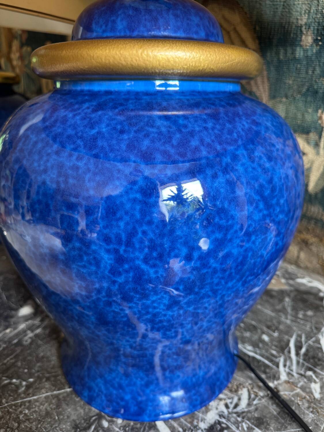 Pair of blue enamelled lamps