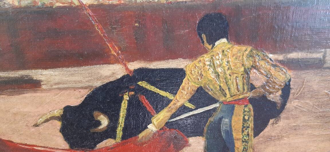 Oil on cardboard, bullfighting scene, mid-20th century.