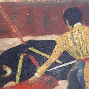Oil on cardboard, bullfighting scene, mid-20th century.