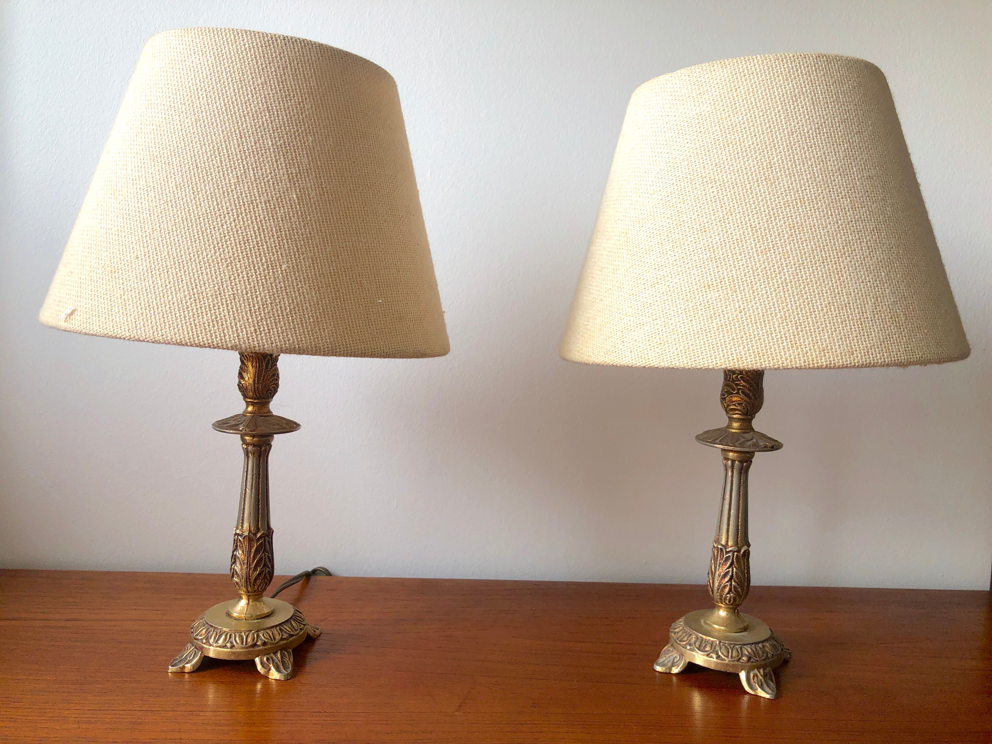 Pair of brass and jute bedside lamps