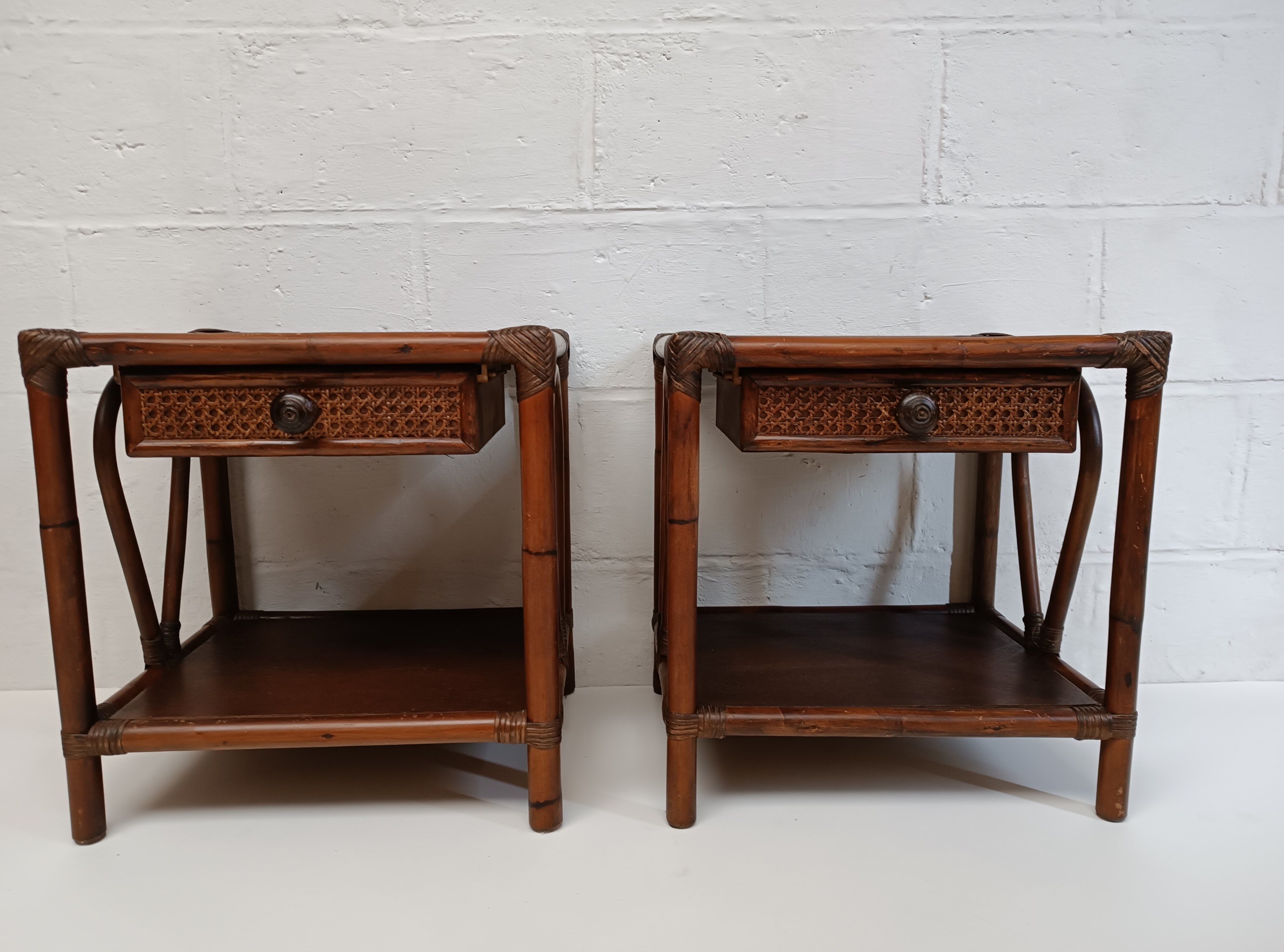 Pair of wooden bedside tables, bamboo and canning