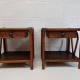 Pair of wooden bedside tables, bamboo and canning
