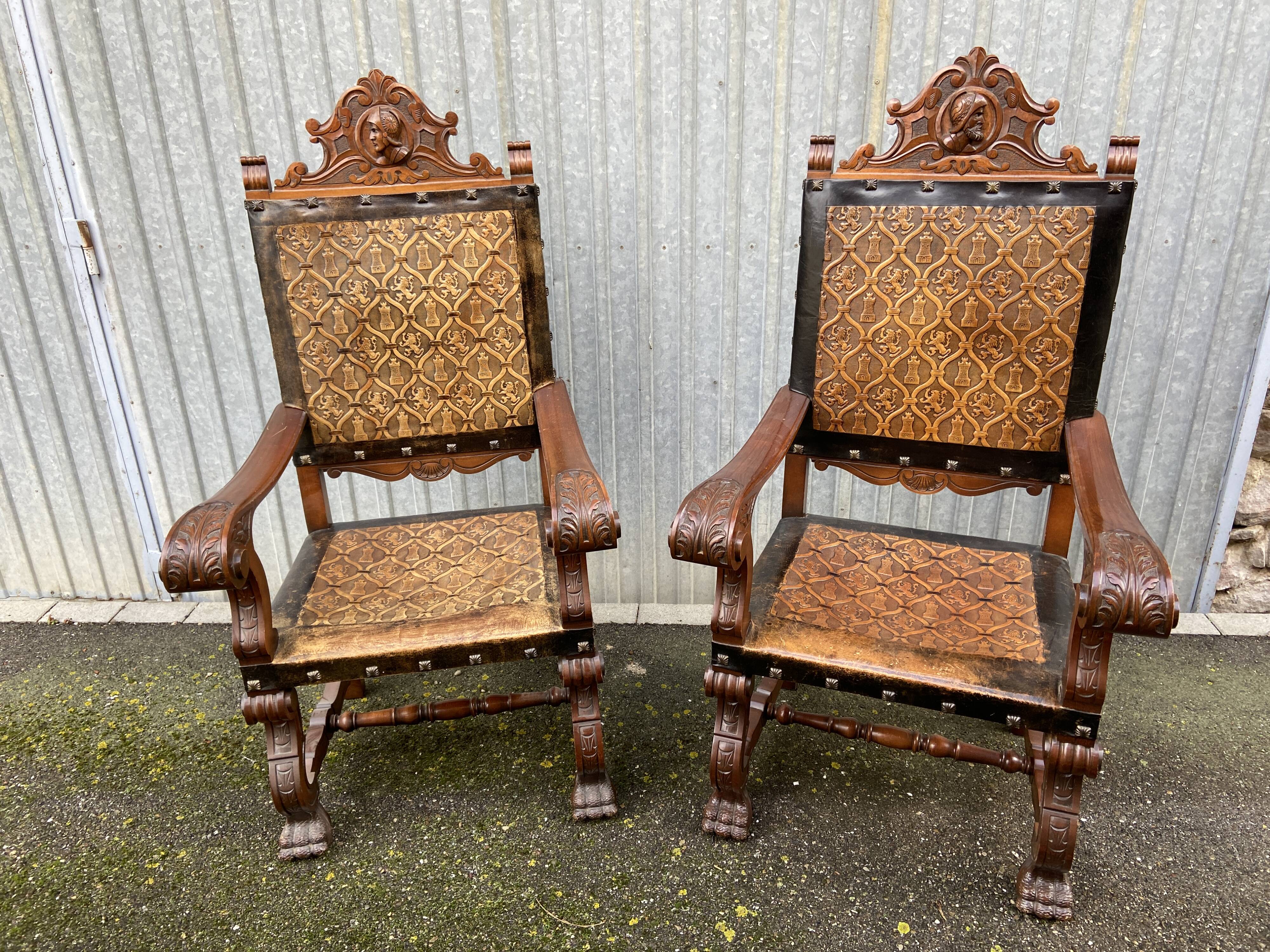 Pair of Throne Armchairs Spanish Renaissance style French Spanish armchair leather from Cordoba 1960s