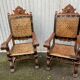 Paire de Fauteuils Trône style renaissance espagnole french spanish armchair cuir de Cordoue 1960s