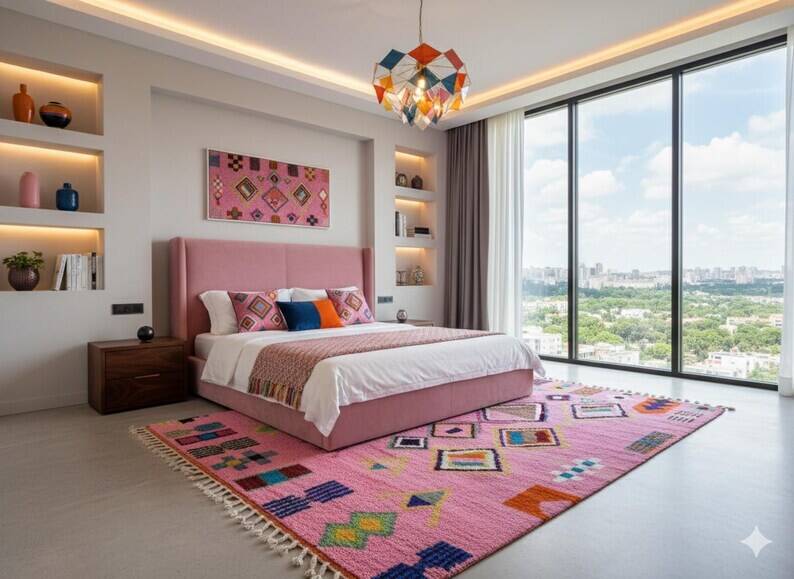 Moroccan handmade rug, beni ourain pink shag 150/250cm