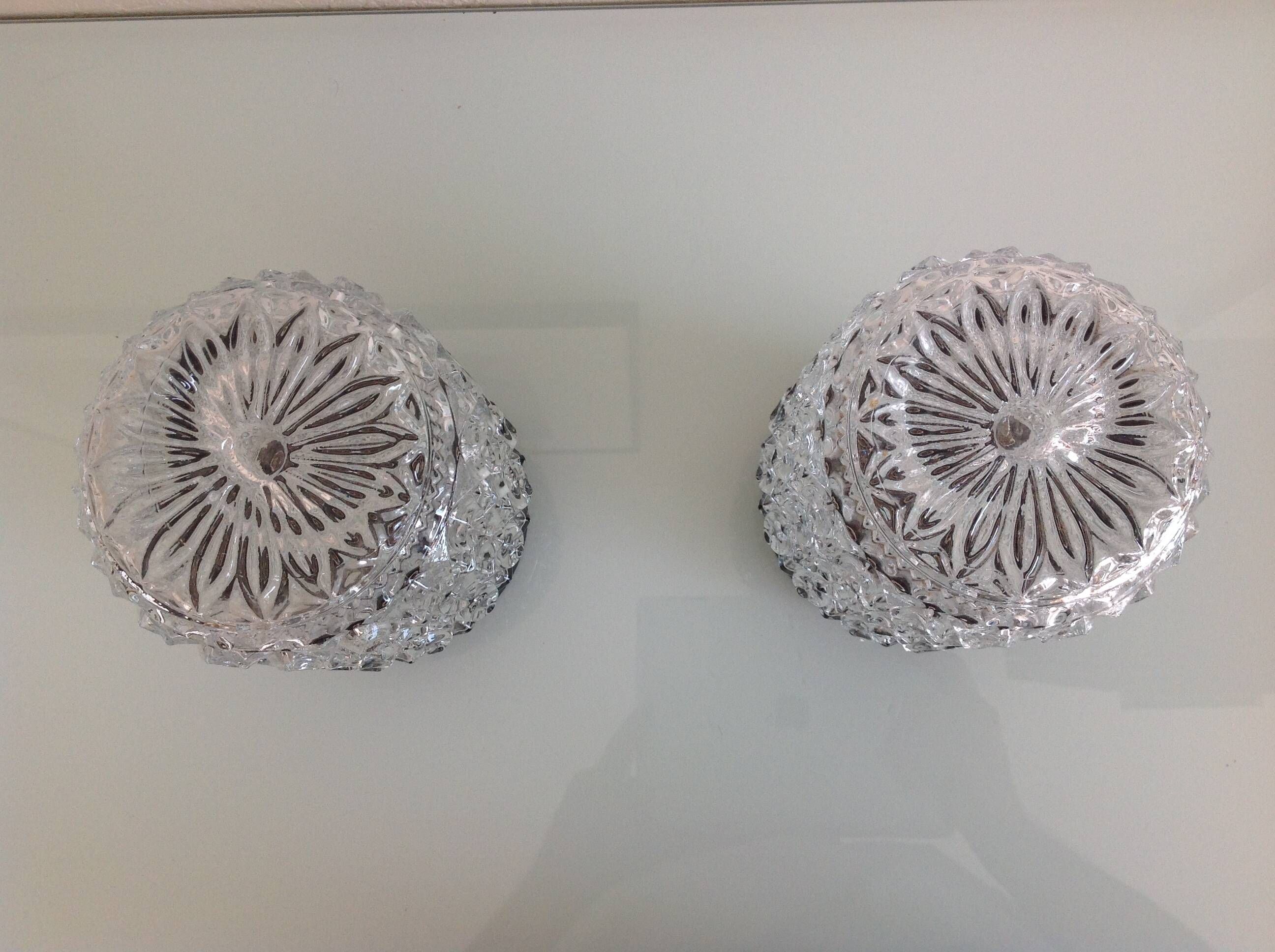 Pair of cylindrical structured glass ceiling lights / vintage 60s-70s