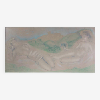 Lithograph XL Nude women 1940's 2 naked women Blonde Brunette Sensual Breasts Pink Green Dress