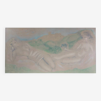 Lithographie XL Femmes nues 1940’s 2 femmes nues Blonde Brune Sensuel Seins Rose Vert Robe