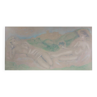 Lithographie XL Femmes nues 1940’s 2 femmes nues Blonde Brune Sensuel Seins Rose Vert Robe