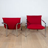 Paire de fauteuils italiens en métal chromé et tissu rouge, 1970