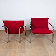 Pair of Italian armchairs in chromed metal and red fabric, 1970