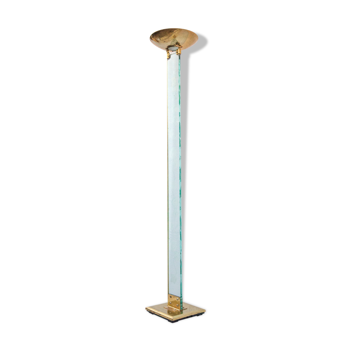 Floor lamp, brass halogen and engraved glass, attributed to Max Baguara, design lamp, 80's