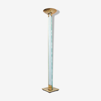 Lampe de plancher, halogène laiton et verre gravé, attribué à Max Baguara, lampe design, 80's