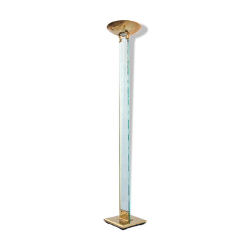 Floor lamp, halogen brass and engraved glass, attributed to Max Baguara, design lamp, 80s.