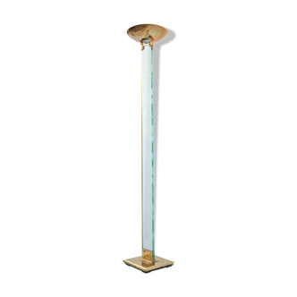 Floor lamp, brass halogen and engraved glass, attributed to Max Baguara, design lamp, 80's