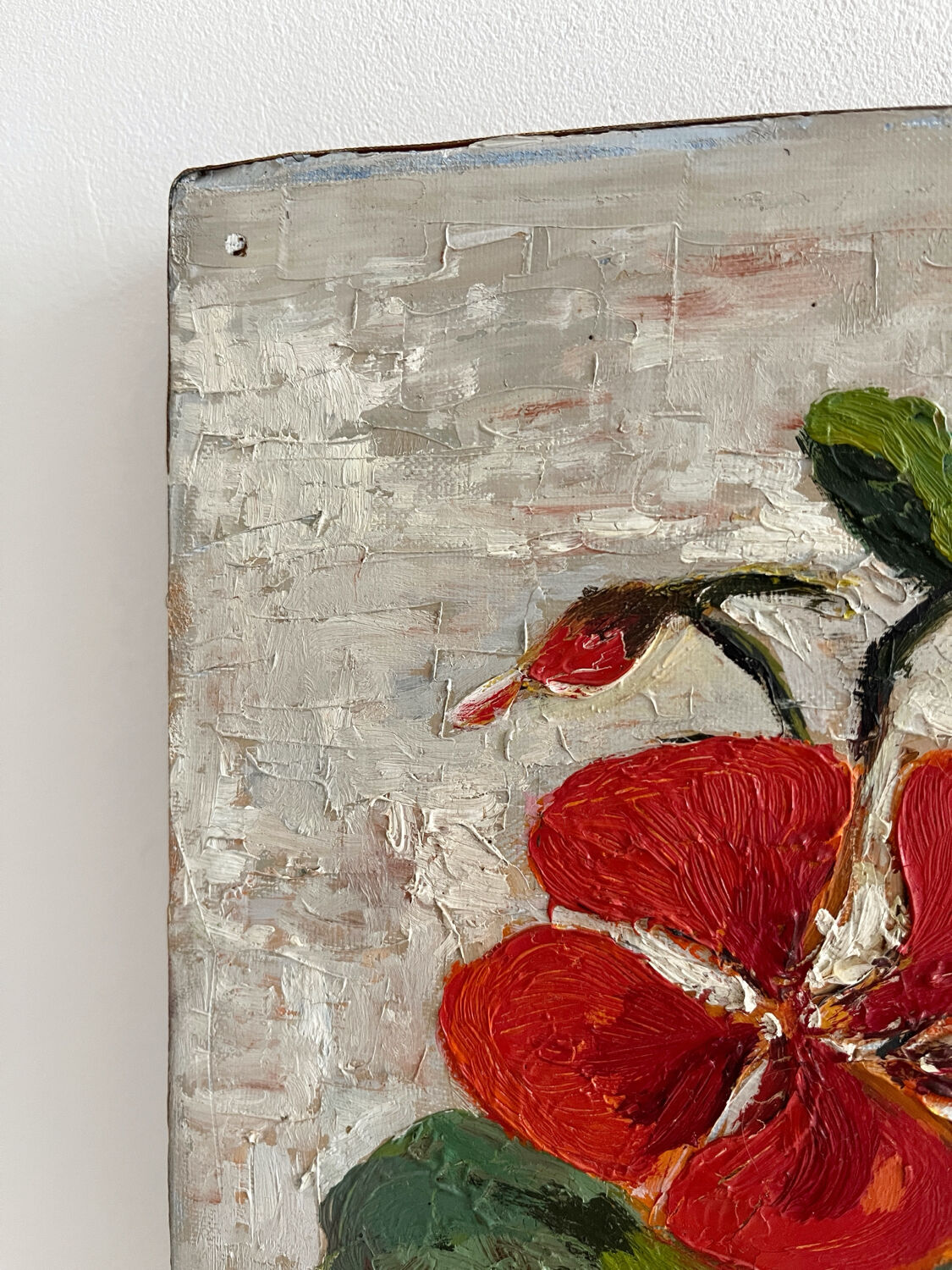 Peinture huile sur toile capucines fleurs vintage