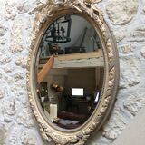 Miroir médaillon fronton noeud et roses gris et argile 98x68cm