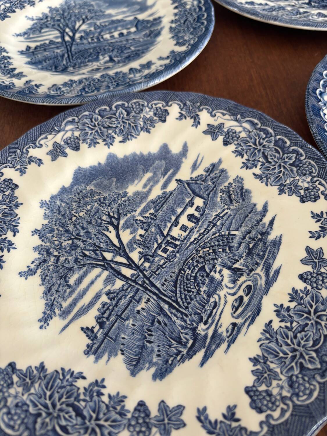 Set of 4 vintage English porcelain dessert plates, blue, cha decor