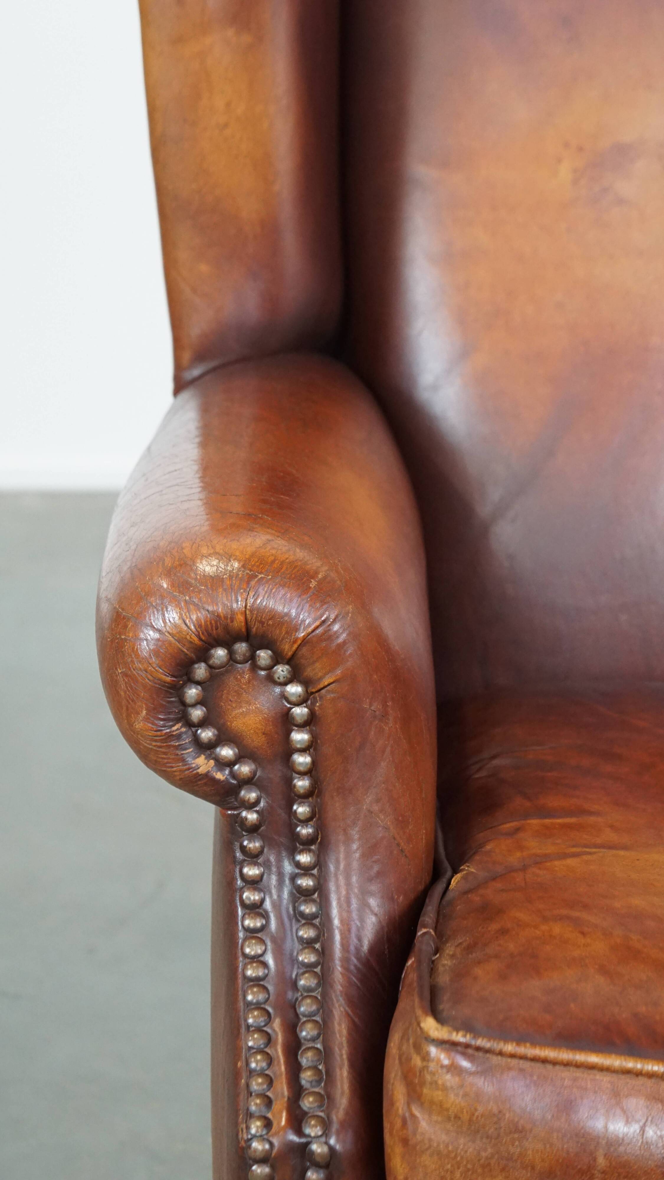 Vintage English-Style Sheepskin Leather Wingback Armchair