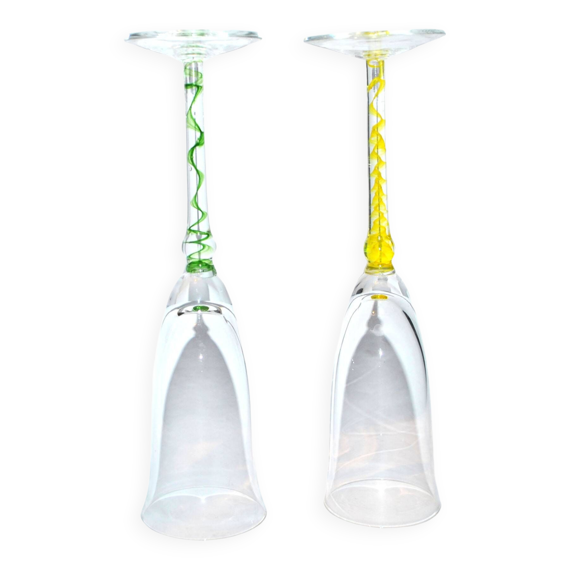 Murano set of 2 yellow green filigree glass champagne flutes