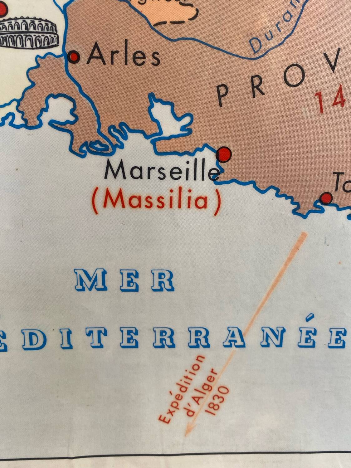 Historical school geographic map of France and Europe