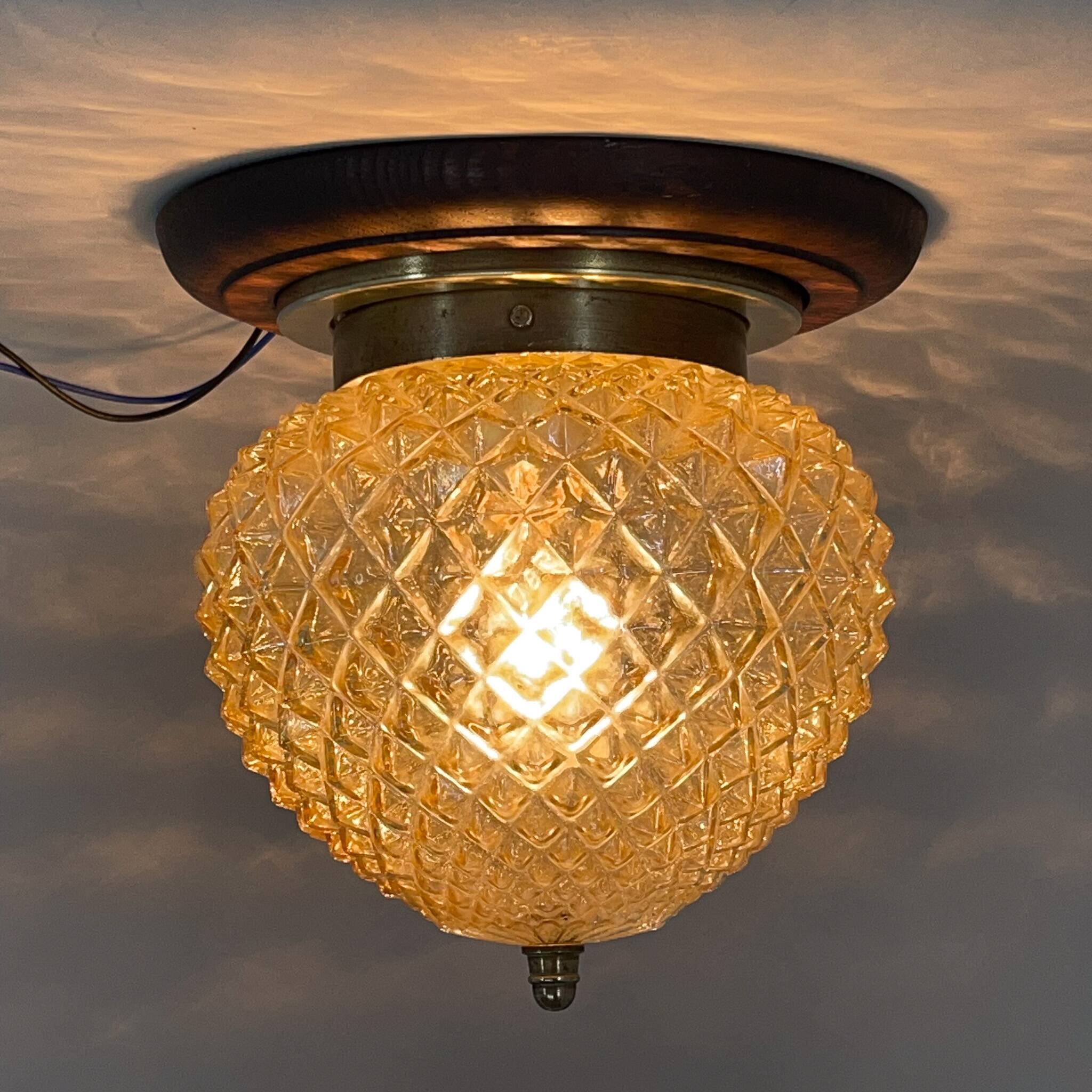 Mid-century wood & glass flush mount, 1960's