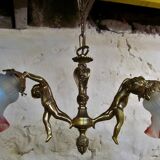 Lustre vintage français bronze 2 chérubins putti 2  signé Mathieu
