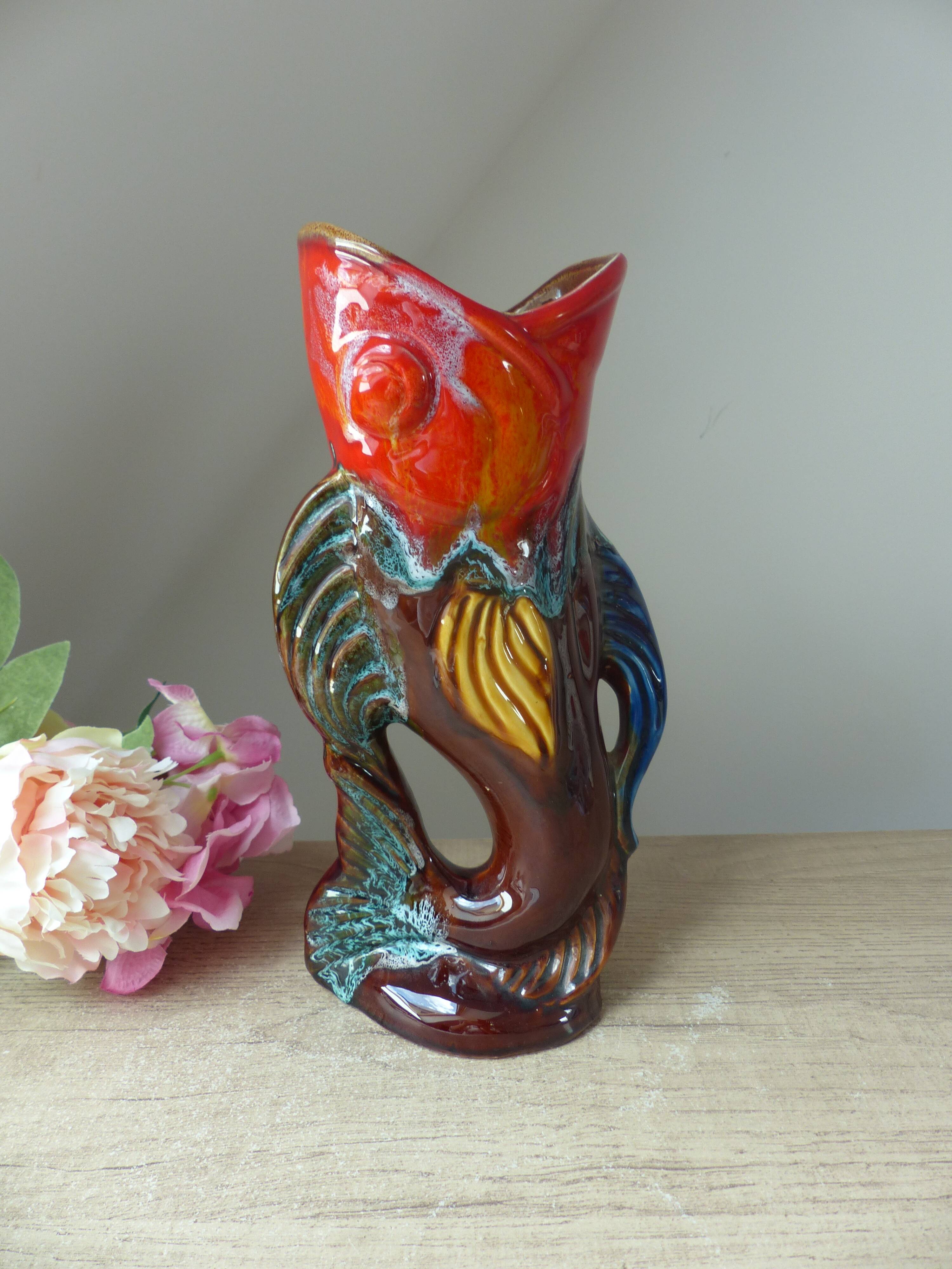 Vintage Vallauris Style Colorful Ceramic Fish Shaped Pitcher