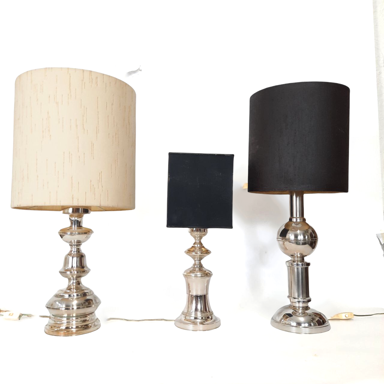 Three vintage bedside lamps in silver