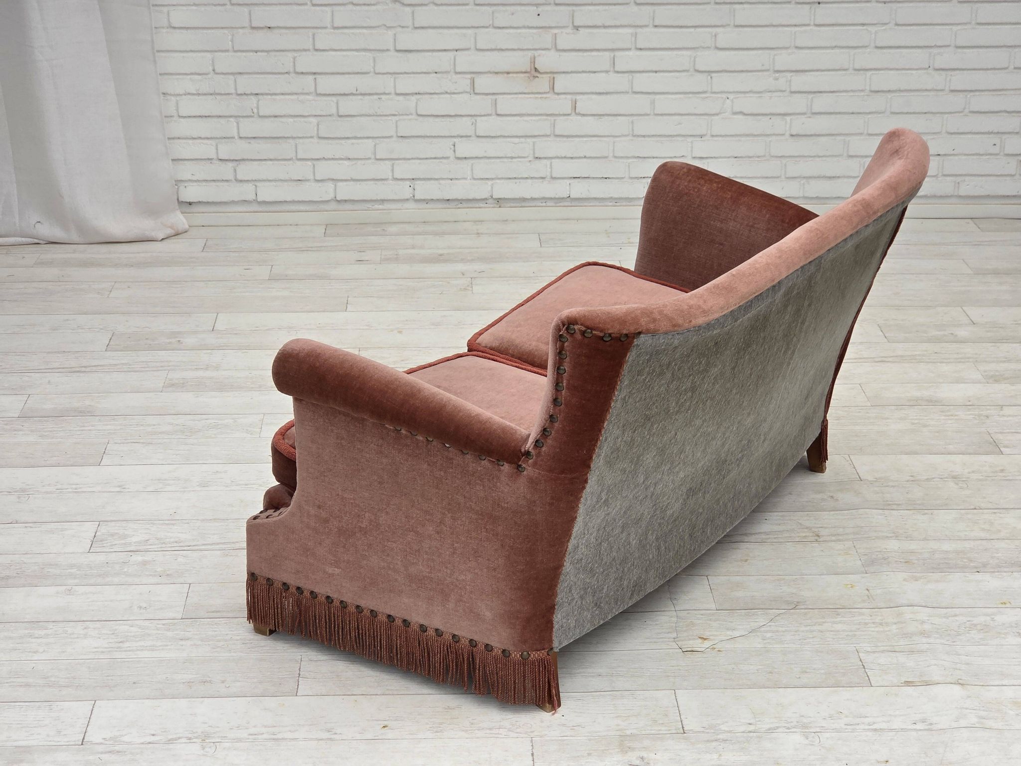 1970s, Danish 2-seater sofa, salmon pink furniture velour, beech wood.