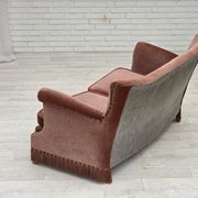 1970s, Danish 2-seater sofa, salmon pink furniture velour, beech wood.