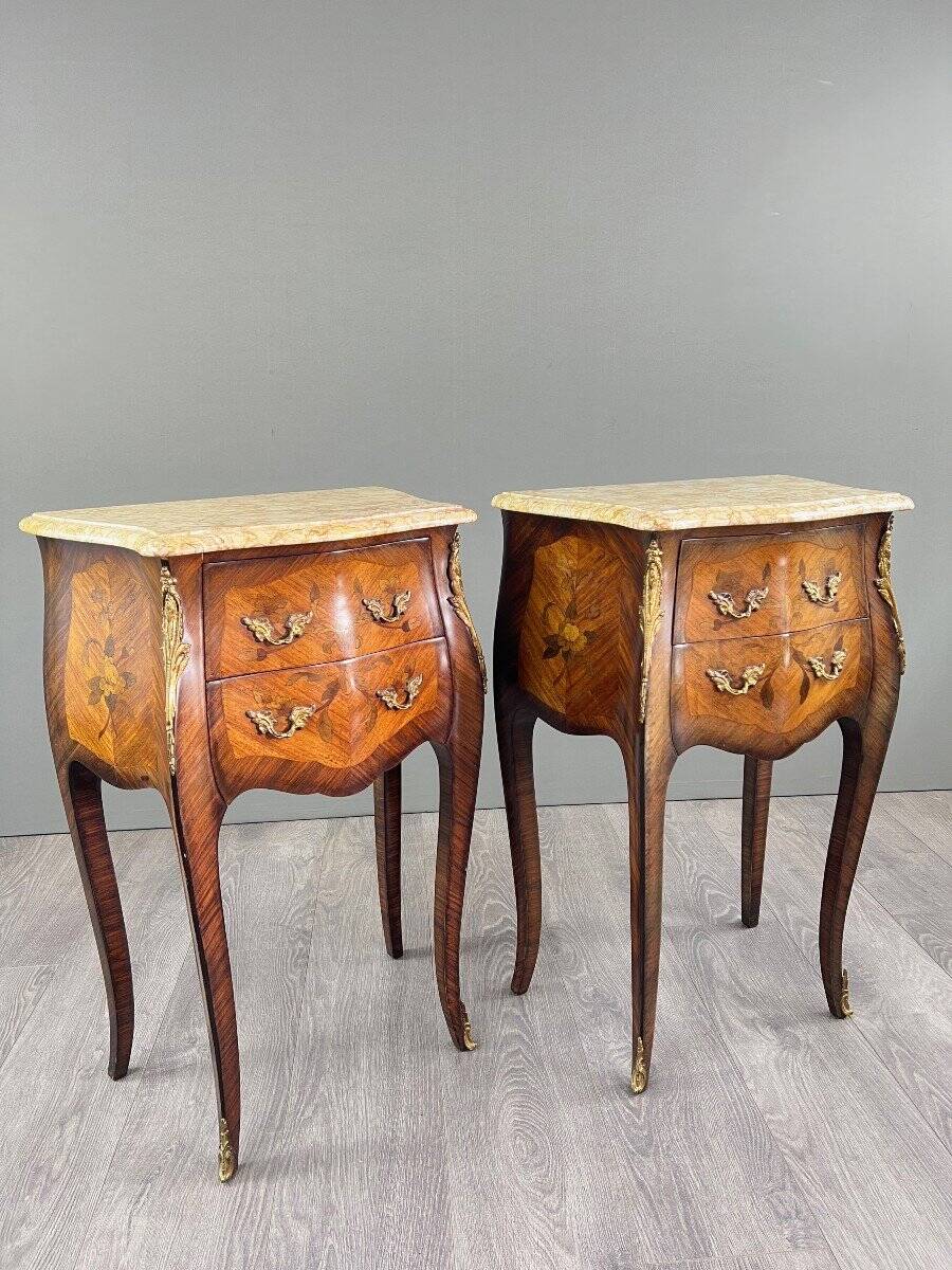 Pair of louis xv style bedside tables in marquetry and marble – 19th century