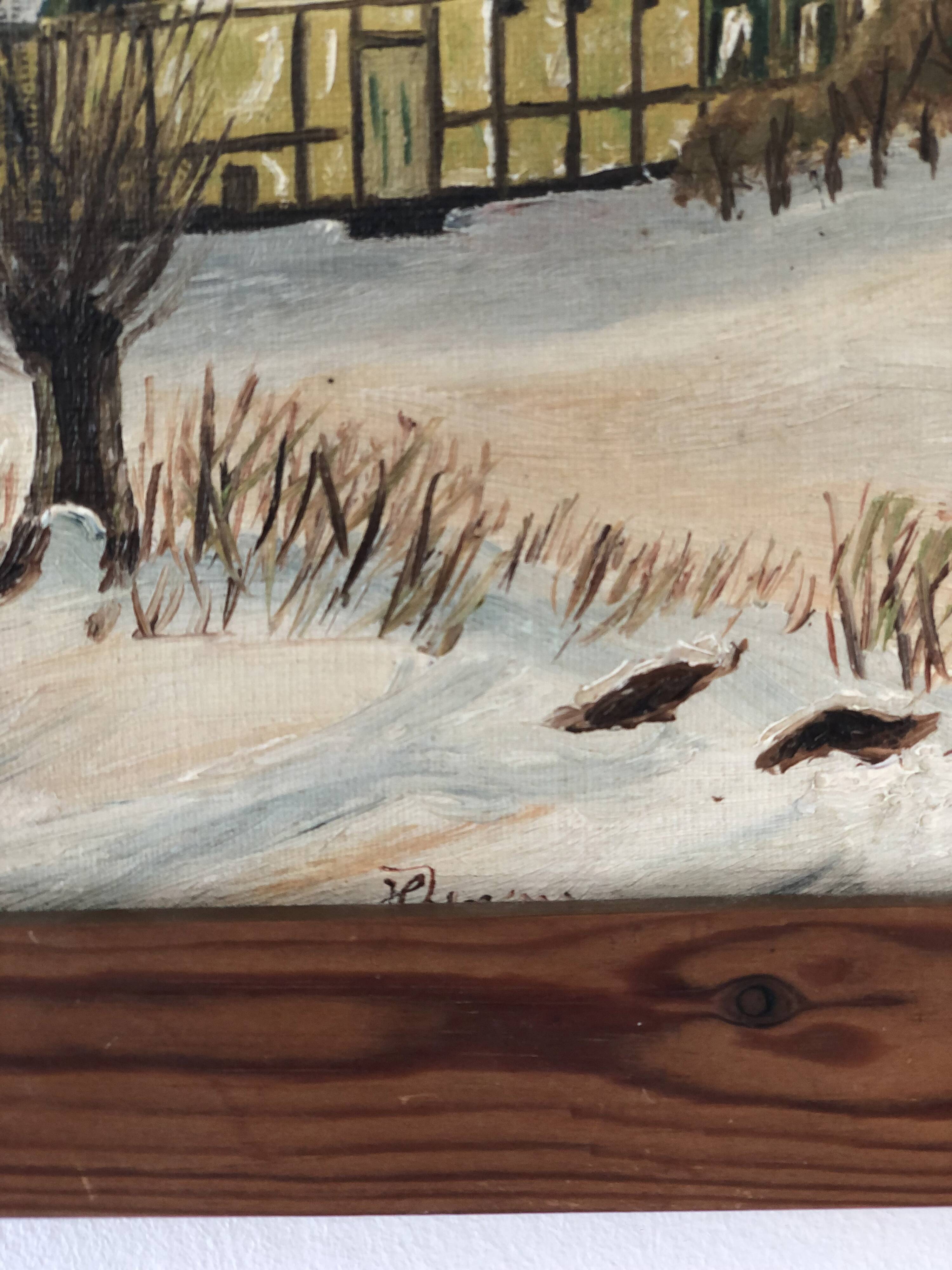 Peinture à l'huile vintage originale de cottage : Art de paysage d'hiver encadré