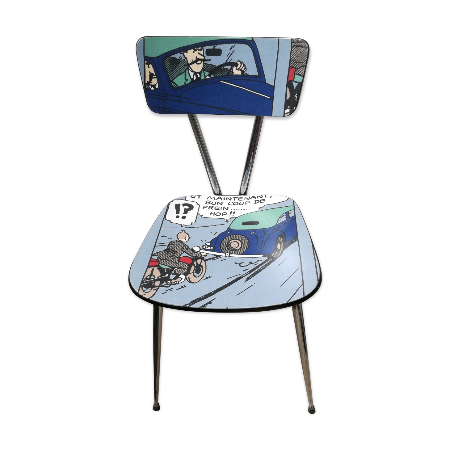 Chaise vintage formica revisité textile imprimé bd