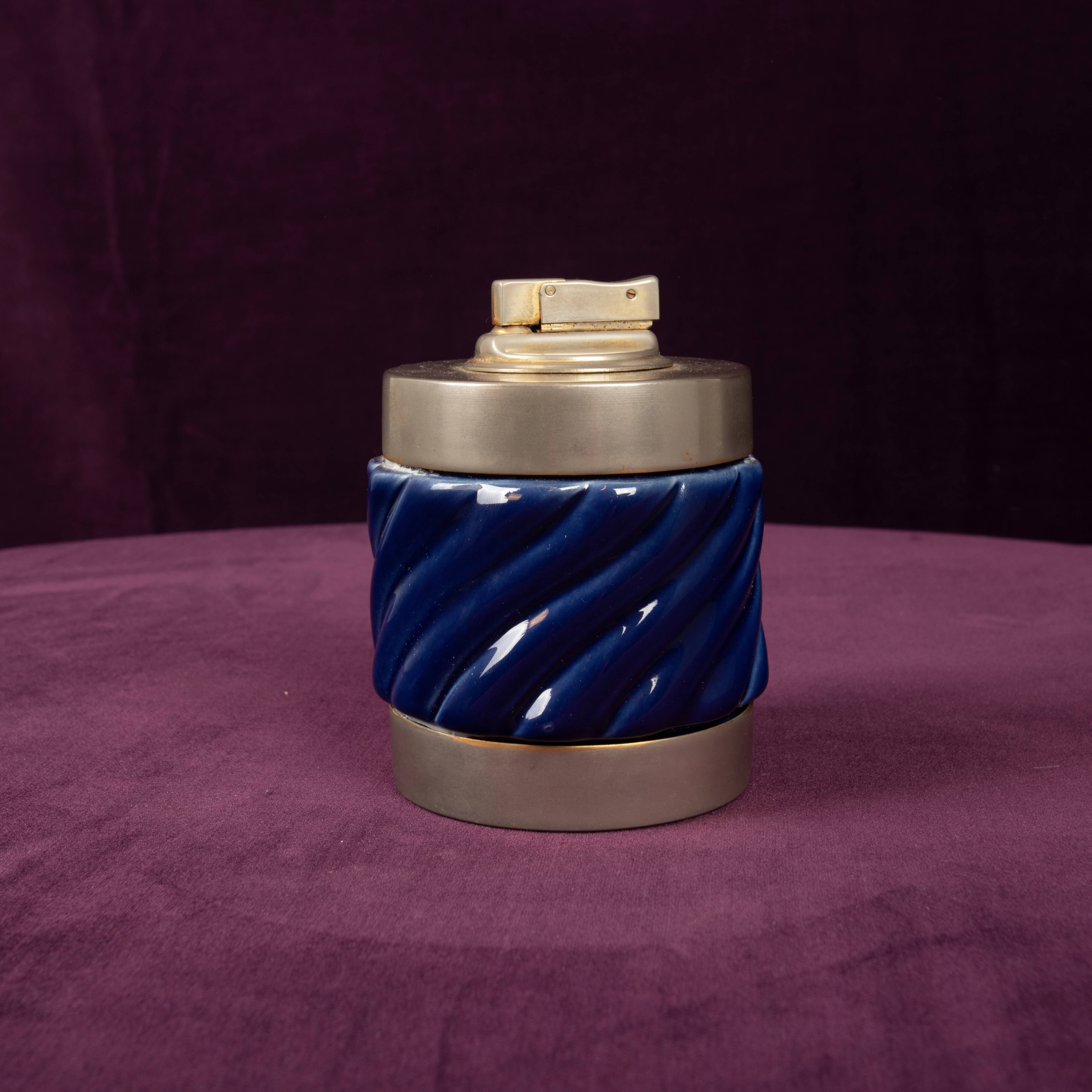 Tommaso Barbi Blue Glazed Ceramic and Brass-Toned Metal Table Lighter, 1970