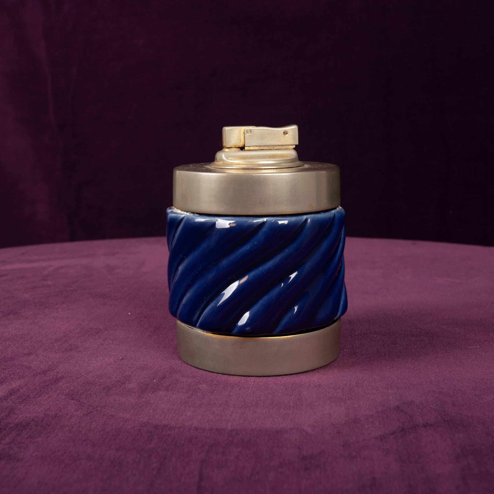 Tommaso Barbi Blue Glazed Ceramic and Brass-Toned Metal Table Lighter, 1970
