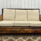 Early 20th century leather club sofa - seat and back in modern fabric