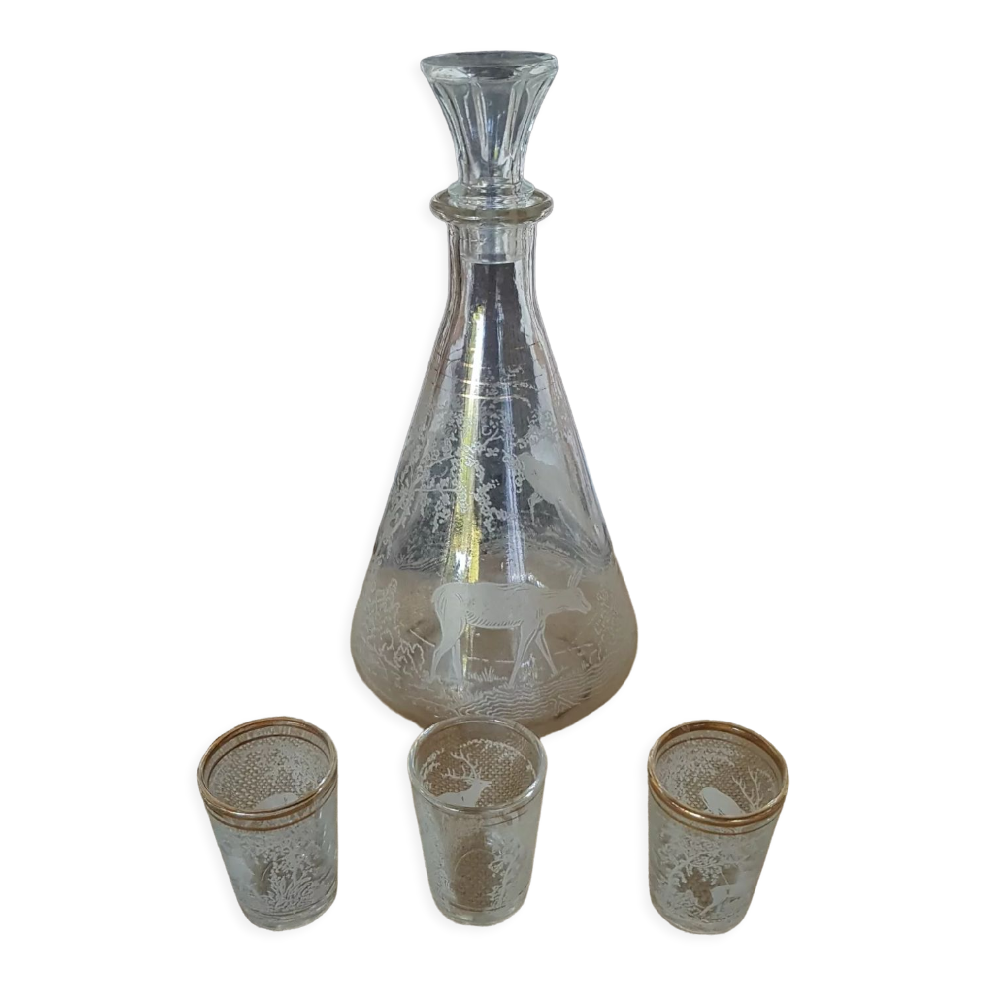 Carafe and 3 shot glasses sandblasted glass
