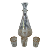 Carafe and 3 shot glasses sandblasted glass